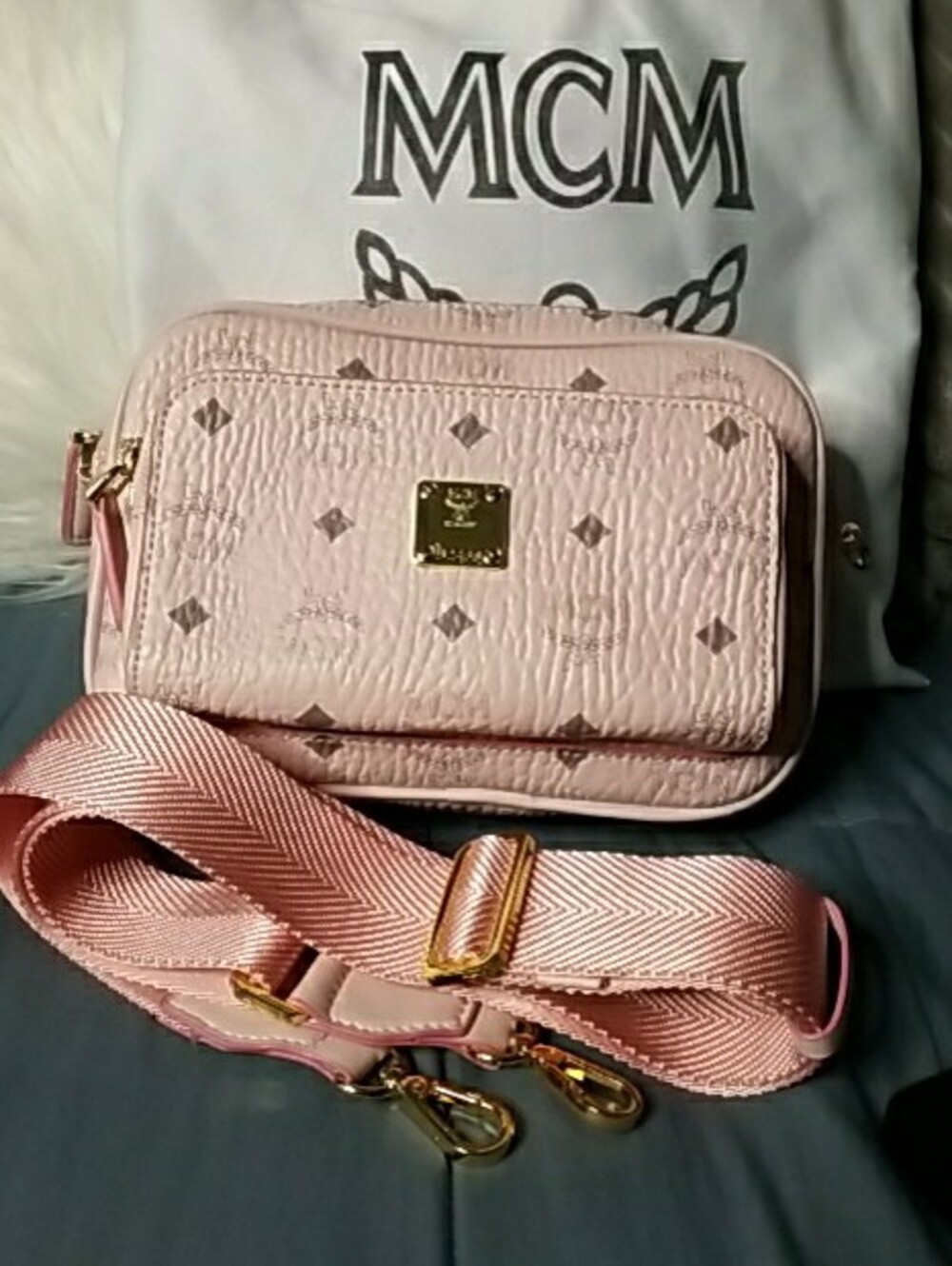 MCM Pale Pink Logo Crossbody Camera Bag with Gold Plaque - Picture 13 of 13